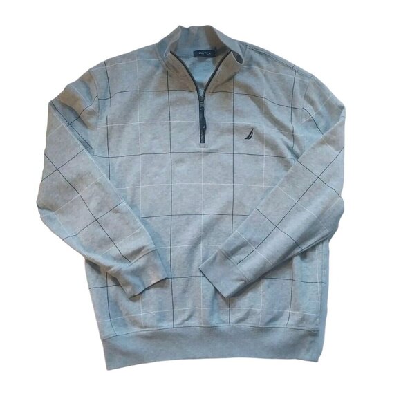 Nautica Mens XL Gray Checkered 1/4 Zip Pullover Sweatshirt Cabin core Outdoor - Picture 1 of 7